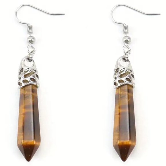 Tiger Eye Natural Stone Gemstone Hexagon Point Healing Stone Dangle Earrings - Picture 2 of 3